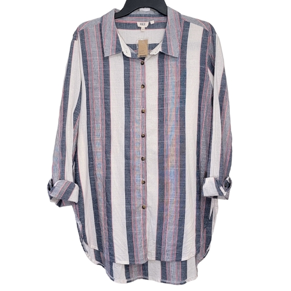 BKE Striped Oversized 100% Cotton Long Sleeve Button Down Shirt NWT Women Medium - Picture 1 of 10